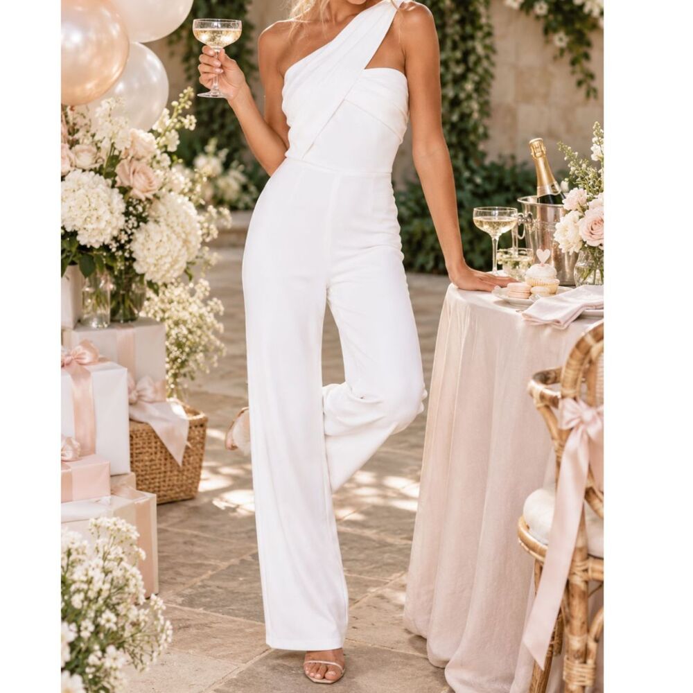 Lulus Devoted to Fun Ivory One Shoulder Jumpsuit M Bridal Wide Leg Formal